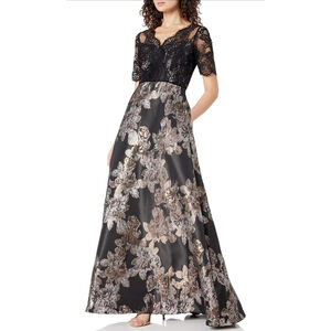 Adrianna Papell Formal Evening Gown Jacquard Floral Maxi Dress Black Gold Size 8
